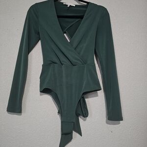 BCBGeneration Deep Green Wrap-Front Long Sleeve Bodysuit